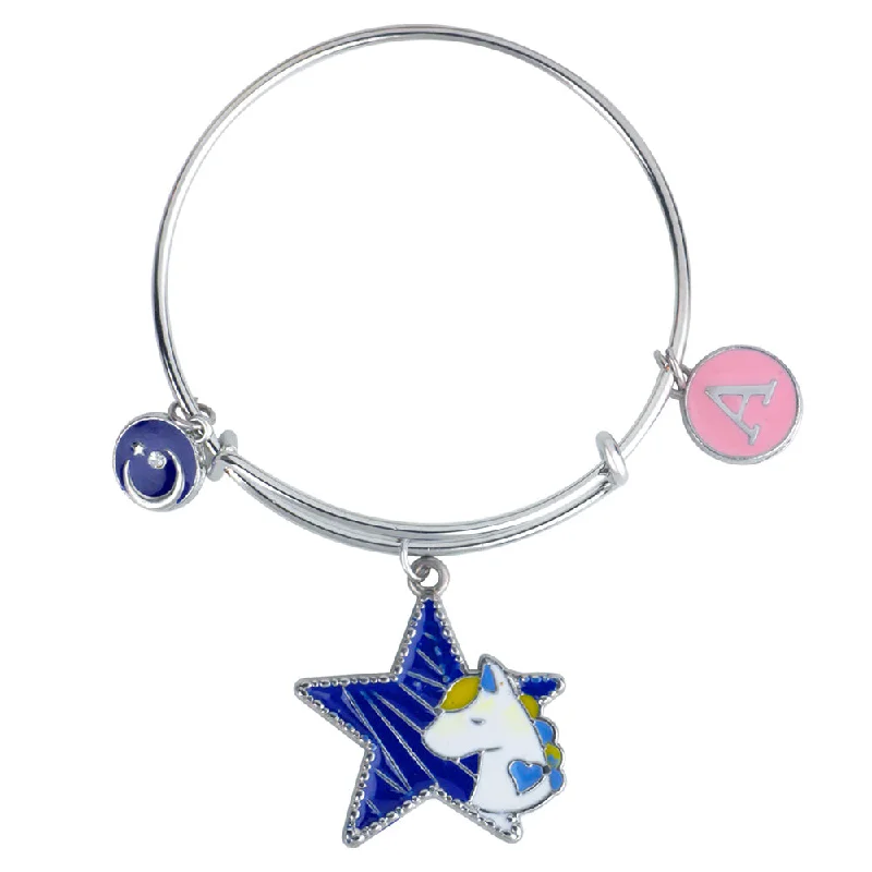 Dazzling Silver Bangles for Bridal Look-Mahi A Letter Unicorn & Moon Shaped Rhodium Plated Enamel Work Charms Kids Bracelets for Kids (BRK1100944R)