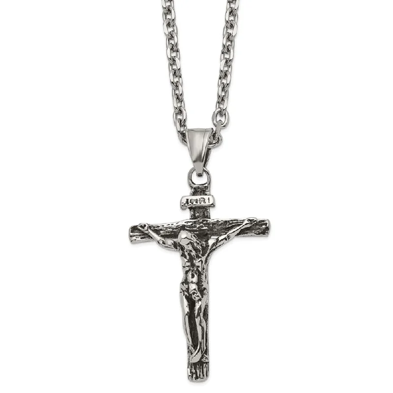 Custom Birthstone Necklace for Family Gifts-Men's Stainless Steel Large Antiqued INRI Crucifix Necklace, 24 Inch