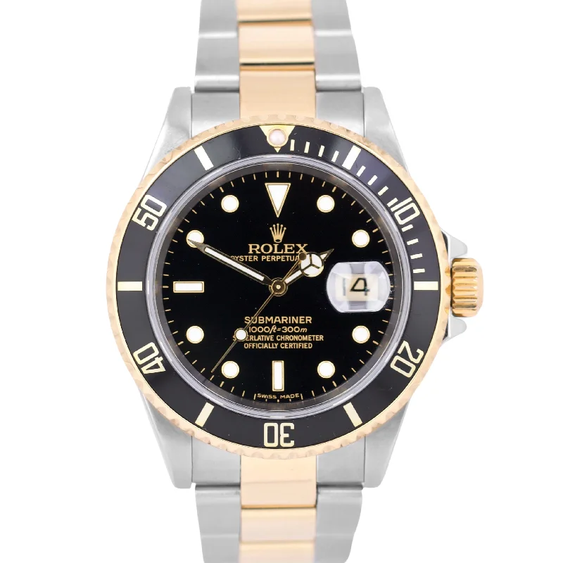 Men's Watches with Black Mesh Strap for Modern Style-Rolex Submariner Date 40mm Black Two-Tone 18K Gold NO-HOLES Steel Watch 16613