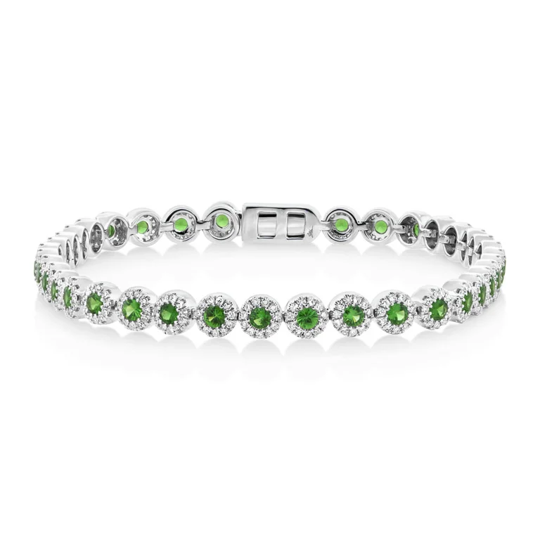 Statement Bracelet for Bold Fashion-14K White Gold Diamond and Green Garnet Tennis Bracelet