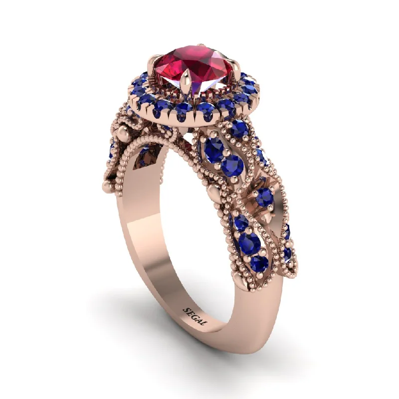 Sapphire Engagement Ring for Women-Exclusive Halo Ruby Milgrain Engagement Ring - Kendra No. 71