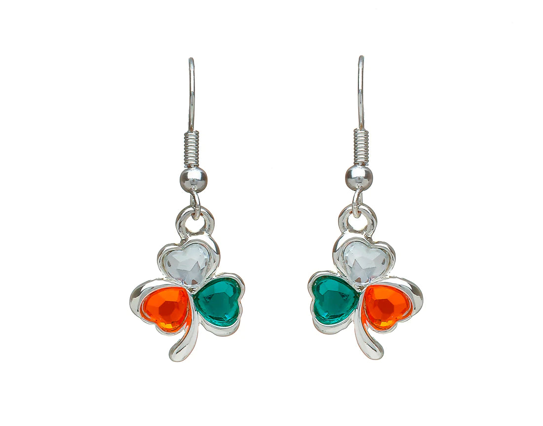 Pearl Earrings for Weddings-Shamrock Silver Plated Drop Earrings with Tricolour Glass Stones by Woods Celtic Jewllery