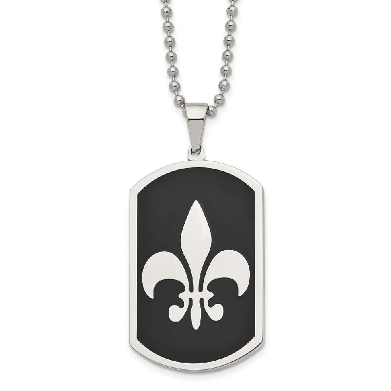 Unique Statement Necklace for Bold Fashion-Stainless Steel & Black Plated LG Fleur de lis Dog Tag Necklace, 24 In