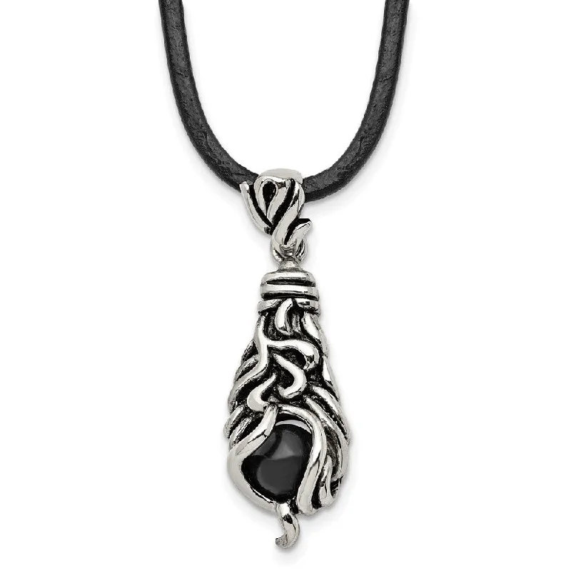 Bold Chunky Necklace for Bold Fashion-Stainless Steel, Moveable Black Agate & Leather Cord Necklace, 20 Inch