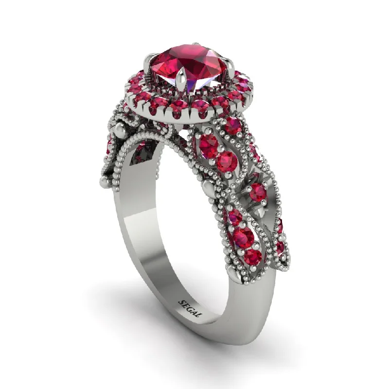 Elegant Silver Ring for Everyday Wear-Exclusive Halo Ruby Milgrain Engagement Ring - Kendra No. 57