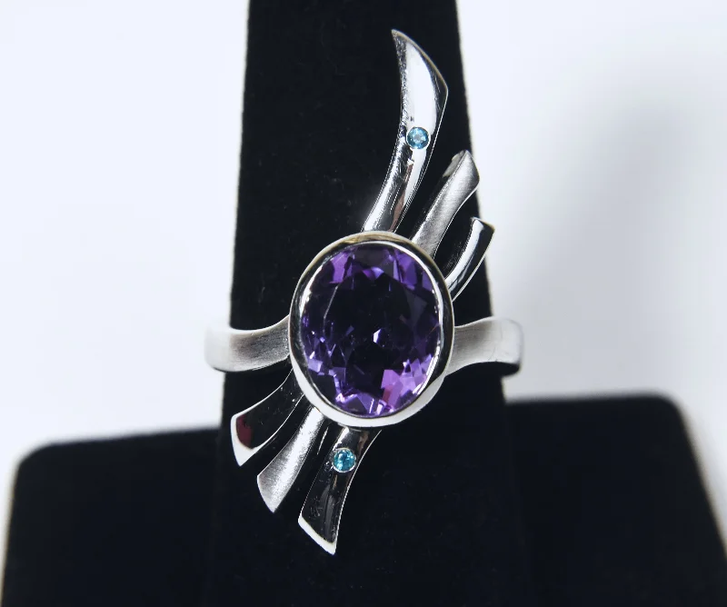 Multi-Gemstone Engagement Ring-Sterling Silver Amethyst Ribbony Finger Ring - Size 8