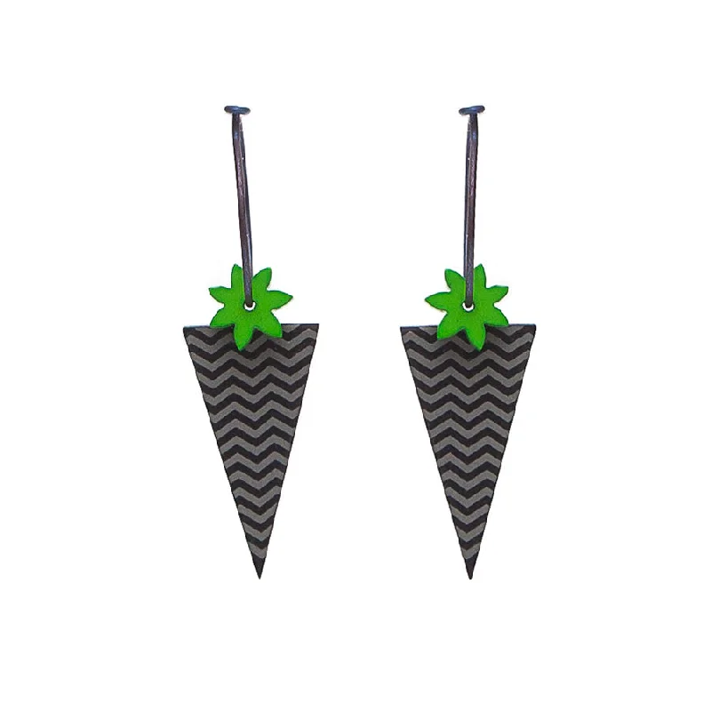 Gold Earrings for Formal Occasions-Lene Lundberg K Form Inverted Triangle and Green Flower Earrings