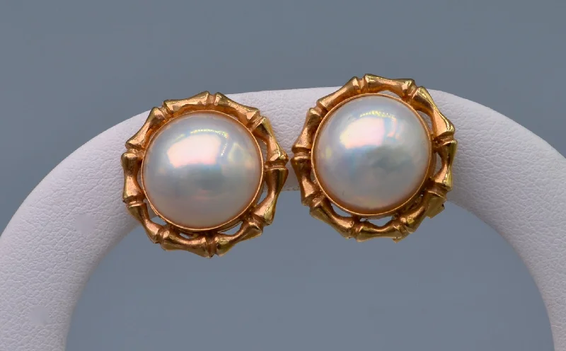 Gold Earrings for Evening Events-Moby Pearl earrings with 14K yellow gold bamboo-shaped frame