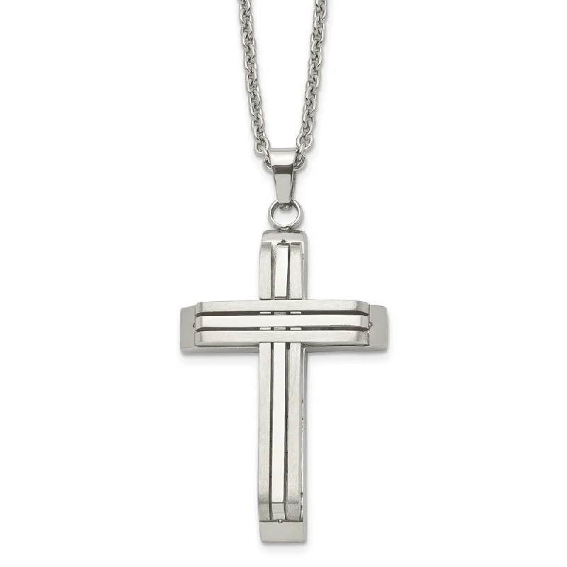 Custom Birthstone Necklace-Men's Stainless Steel Brushed & Polished Bar Cross Necklace, 22 Inch