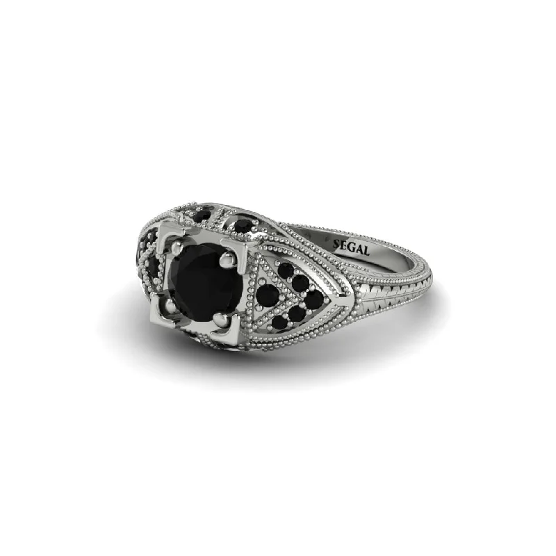 Vintage Wedding Ring for Couples-Round Black Diamond Filigree Art Deco Vintage Engagement Ring - Bree No. 39