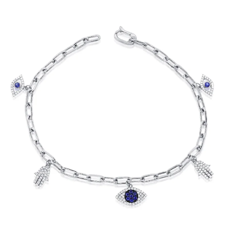 Trendy Bracelets for Fashionable Women-14K White Gold Diamond and Sapphire Charm Bracelet