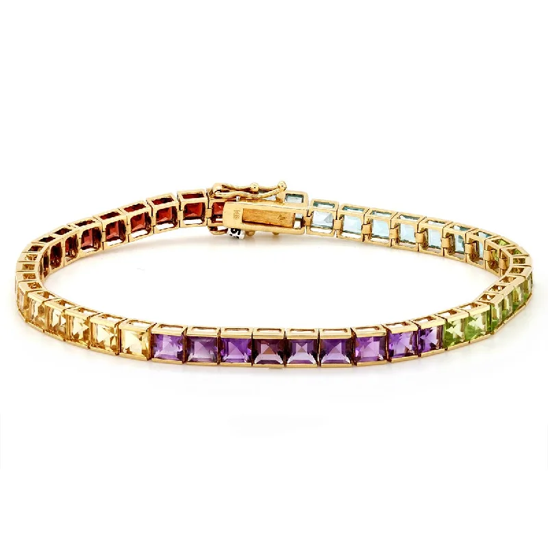 Elegant Chain Bracelet for Formal Events-YELLOW GOLD SQUARE MULTICOLORED GEMSTONE TENNIS BRACELET