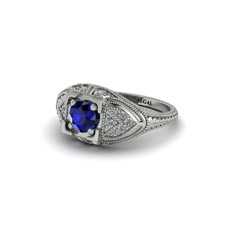 Large Ring with Gemstone for Fashion-Round Sapphire Filigree Art Deco Vintage Engagement Ring - Bree No. 15