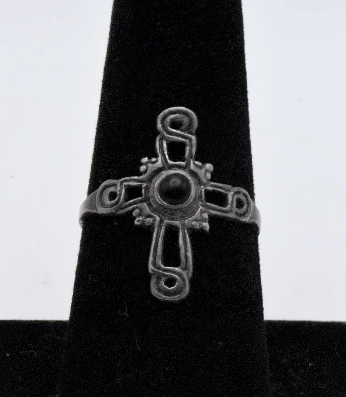 Vintage Ring with Sapphire-Vintage Sterling Silver and Black Onyx Celtic Cross Ring - Size 8