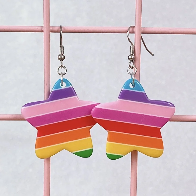 Earrings for Sensitive Ears-Chunky Rainbow Stripe Star Earrings