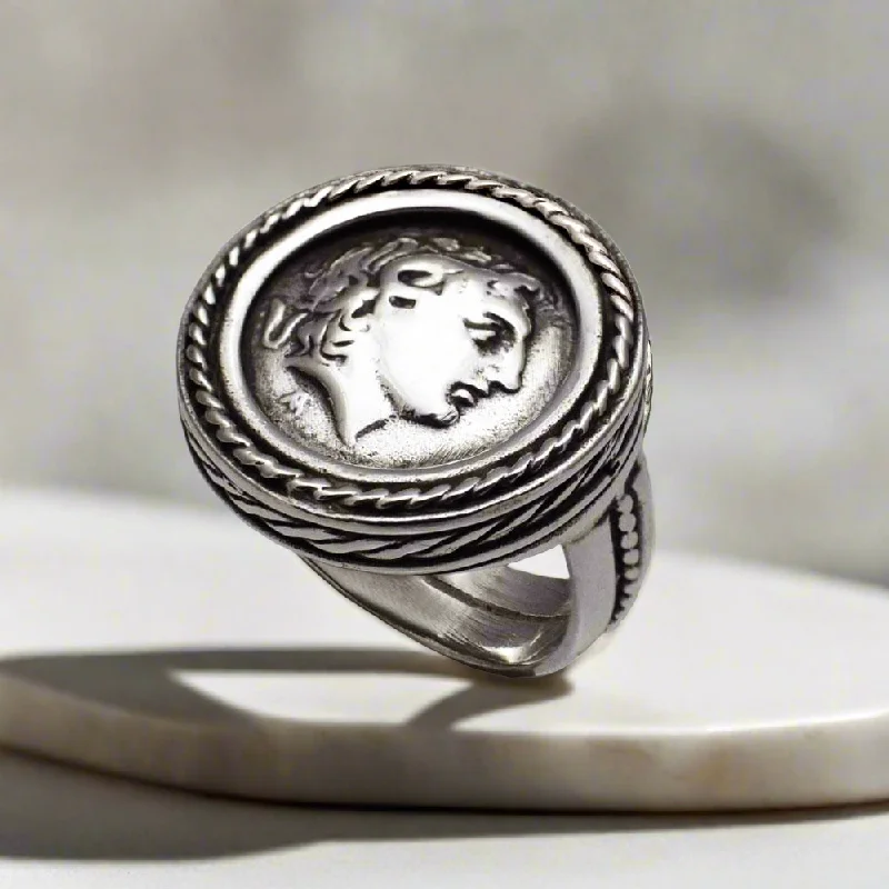 Stylish Gold Ring for Special Occasions-Alexander the Great Portrait Coin Ring in Sterling Silver (DT-114)