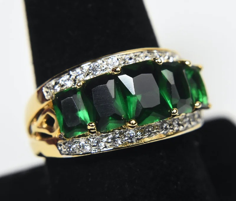 Gold Wedding Band with Diamonds-Gold Tone Imitation Emerald Ring - Size 9.25