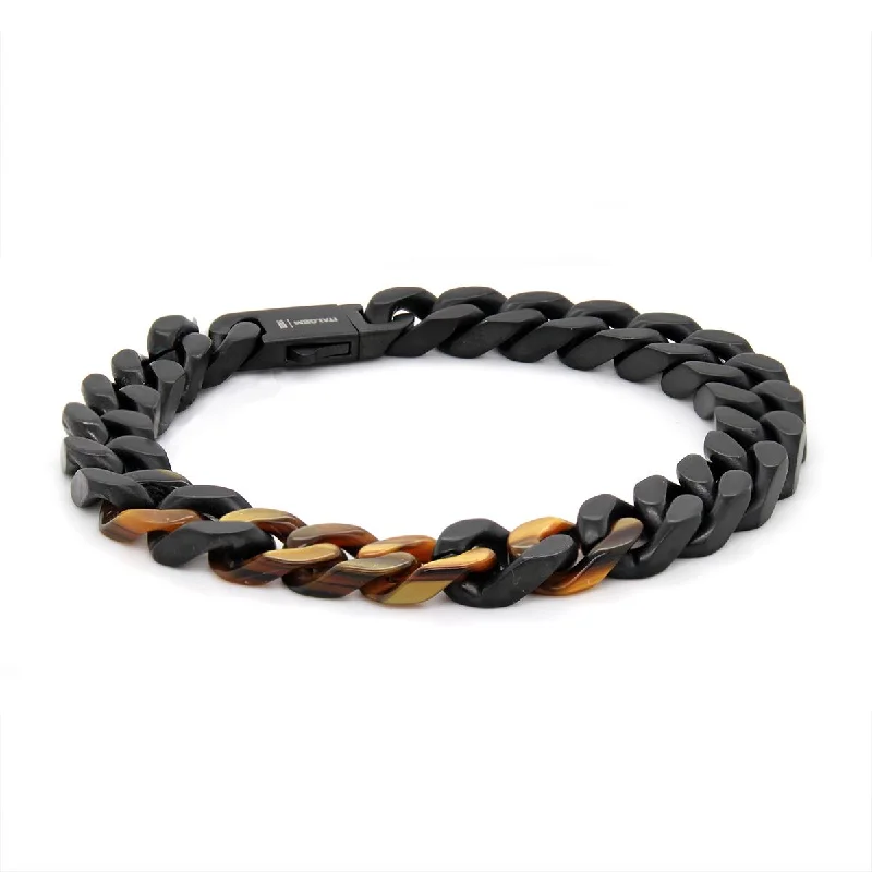 Luxury Diamond Bracelets for Engagement-MEN'S BLACK MATTE FINISHED STEEL BRACELET WITH TIGER EYE