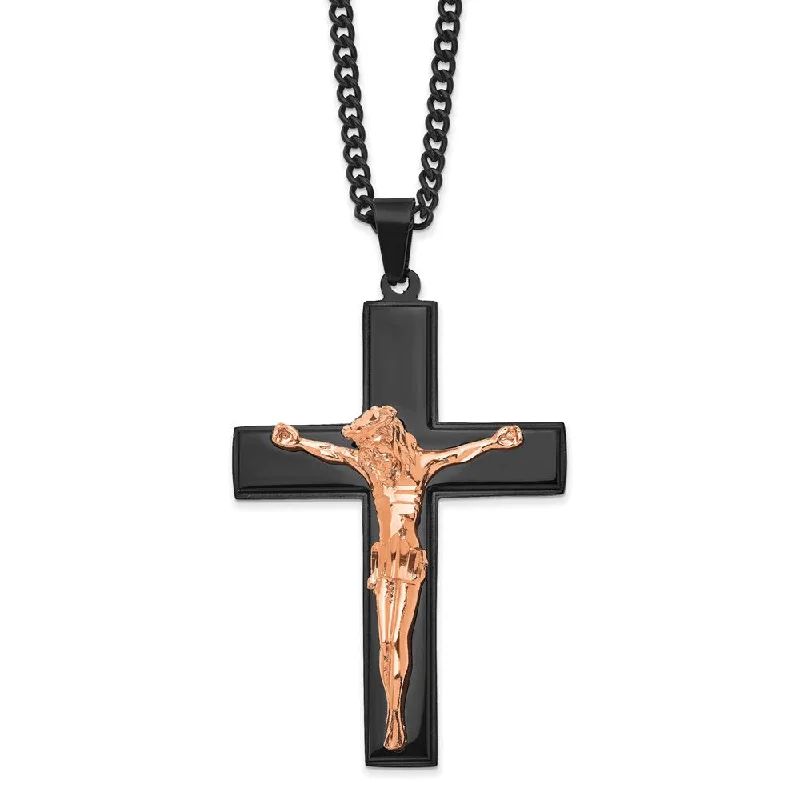 Layered Chain Necklace for Fashionistas-Stainless Steel Black & Rose Tone Plated LG Crucifix Necklace, 24 Inch