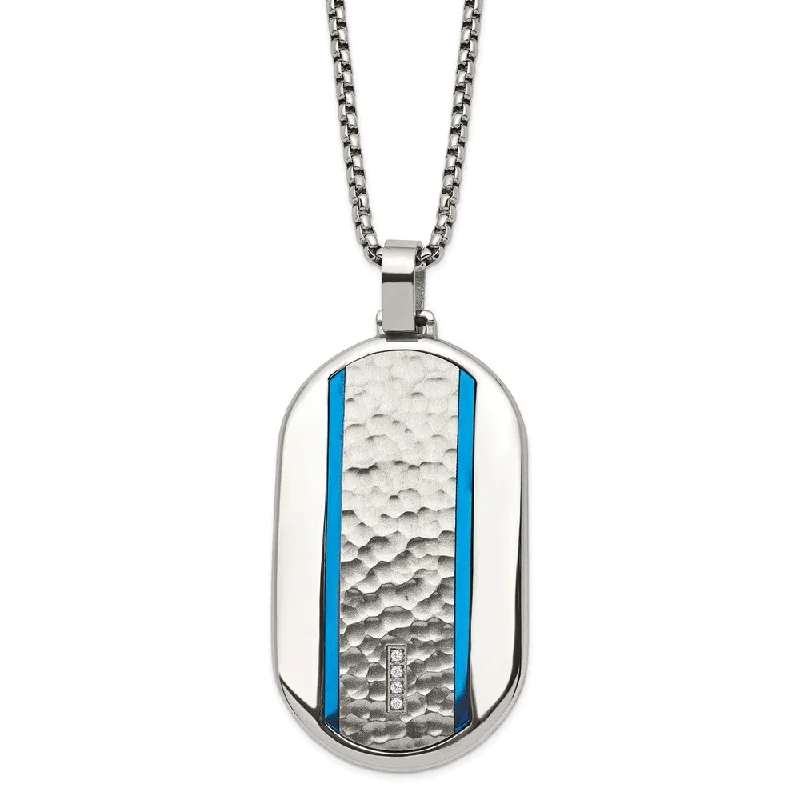 Beaded Necklace for Fashion-Stainless Steel CZ Blue Plated Large Rounded Dog Tag Necklace, 24 Inch