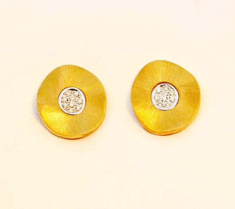 Sparkling Earrings for Special Occasions-Gold Round Post Earrings with Diamond Pave Center