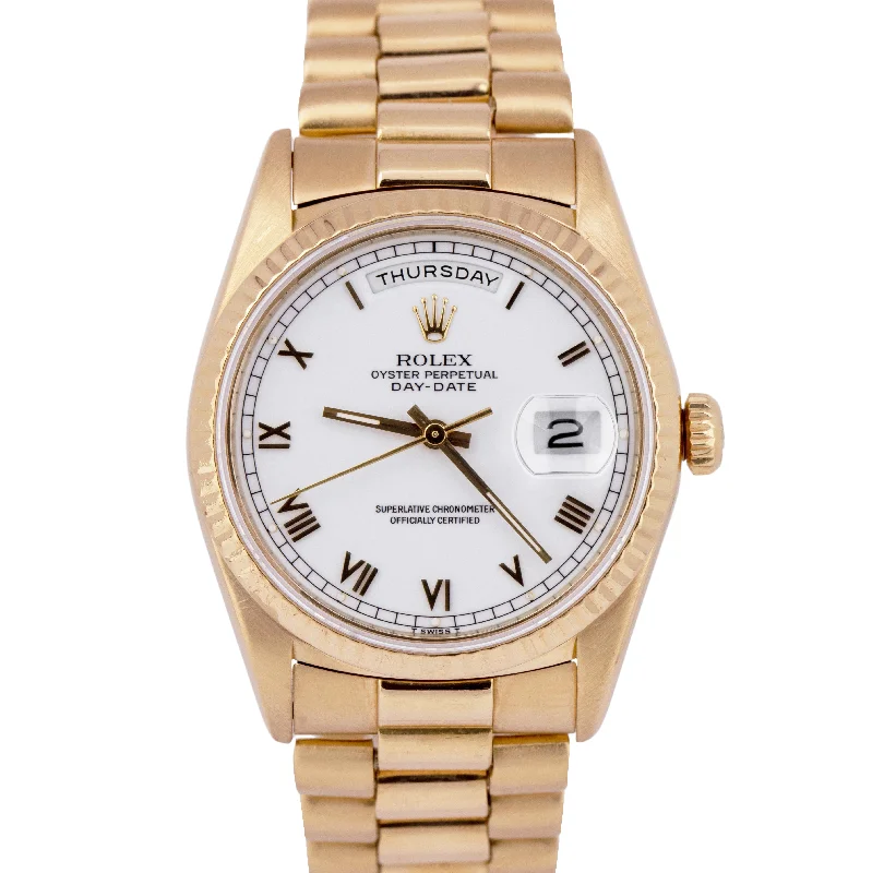 Leather Band Watches for Timeless Elegance-Rolex Day-Date President White Roman 18K Yellow Gold 36mm Fluted Watch 18238