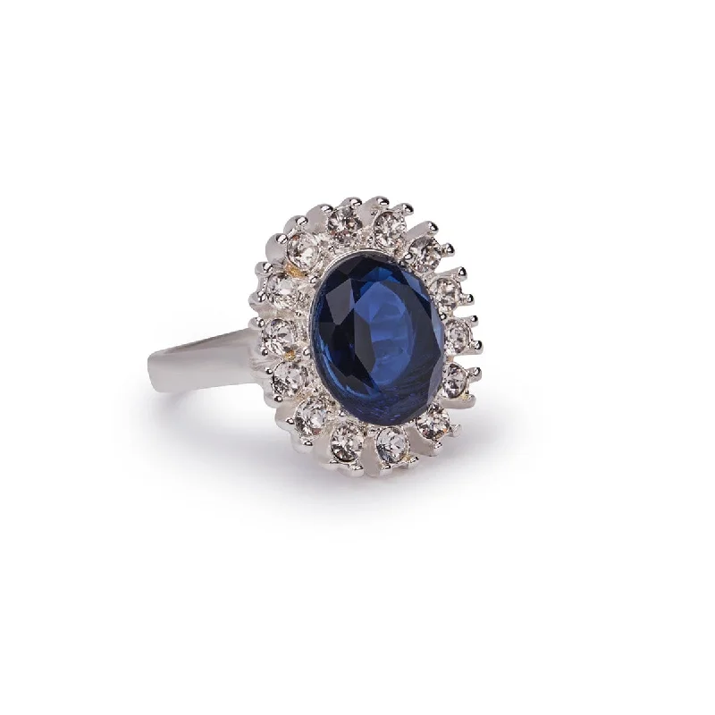 Classic Silver Ring for Casual Wear-Lady Diana Sapphire and Crystal Stone Ring