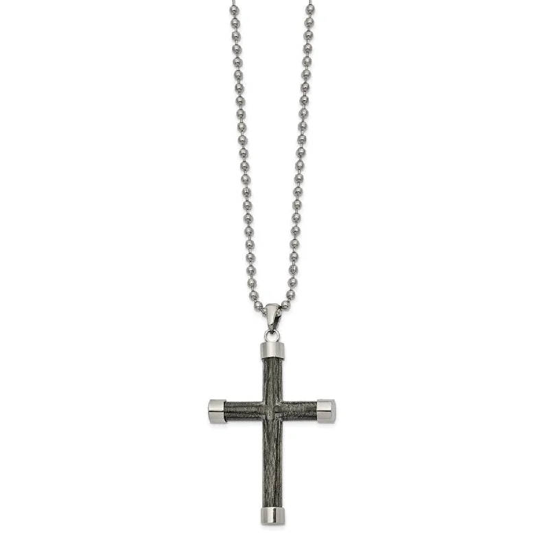 Gold Necklace for Women-Men's Stainless Steel & Gray Wood 3D Cross Necklace, 24 Inch