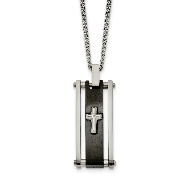 Diamond Pendant Necklace-Stainless Steel & Black Plated CZ Cross Rectangle Necklace, 22 Inch