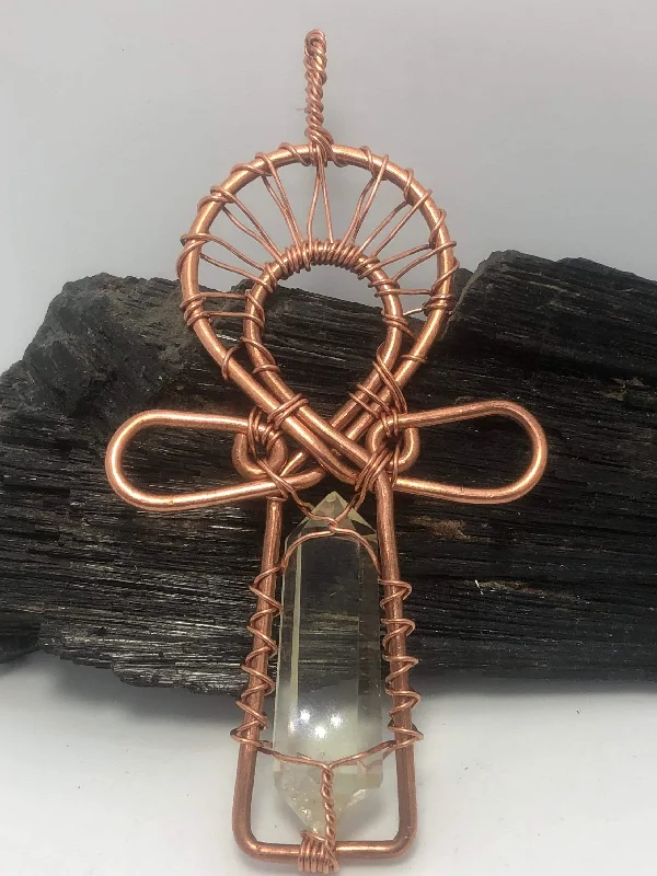 Classic Gemstone Necklace for Weddings-Citrine Kemetic Coptic Cross Copper Ankh Wirewrapped Pendant Necklace