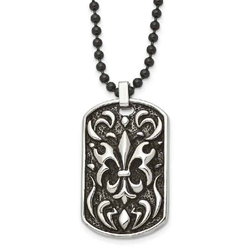 Rose Gold Pendant Necklace for Brides-Stainless Steel Antiqued Fleur de lis Dog Tag Necklace - 24 Inch