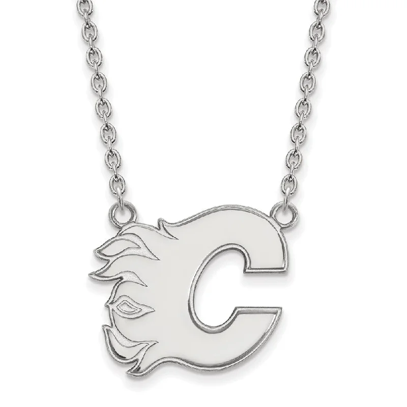 Simple Pendant Necklace for Day Wear-Sterling Silver NHL Calgary Flames Large Necklace, 18 Inch