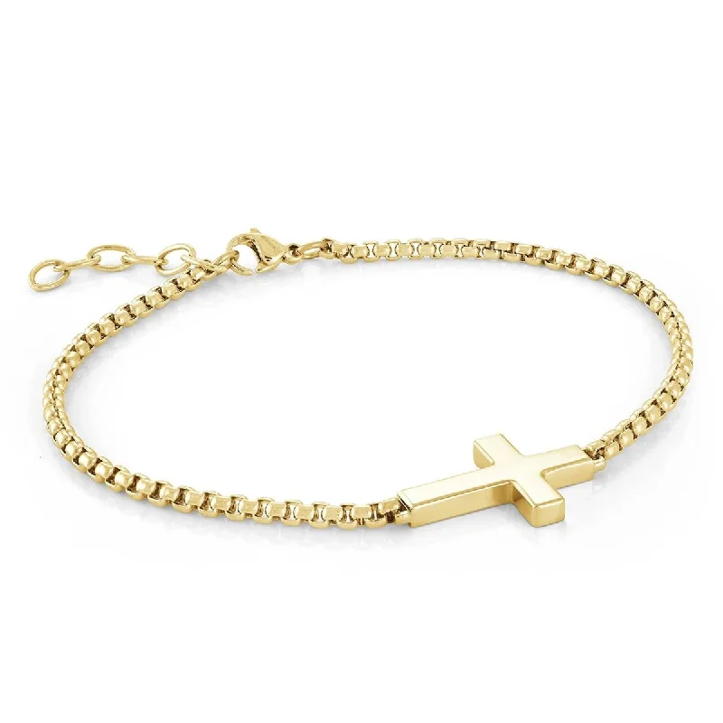 Luxury Bracelets with Diamond Accents-GOLD PLATED STEEL BRACELET WITH SIDEWAYS CROSS