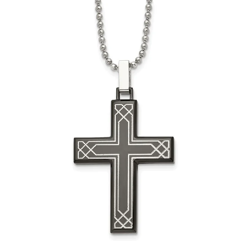 Bohemian Necklace for Hippie Style-Stainless Steel, Black Plated & Laser Etched Cross Necklace, 24 Inch