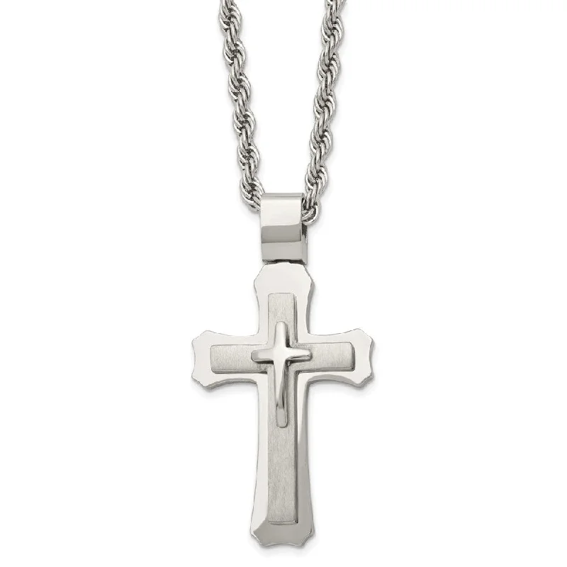 Gold Necklace with Charm for Fashion-Men's Stainless Steel Large Triple Layer Cross Necklace, 24 Inch