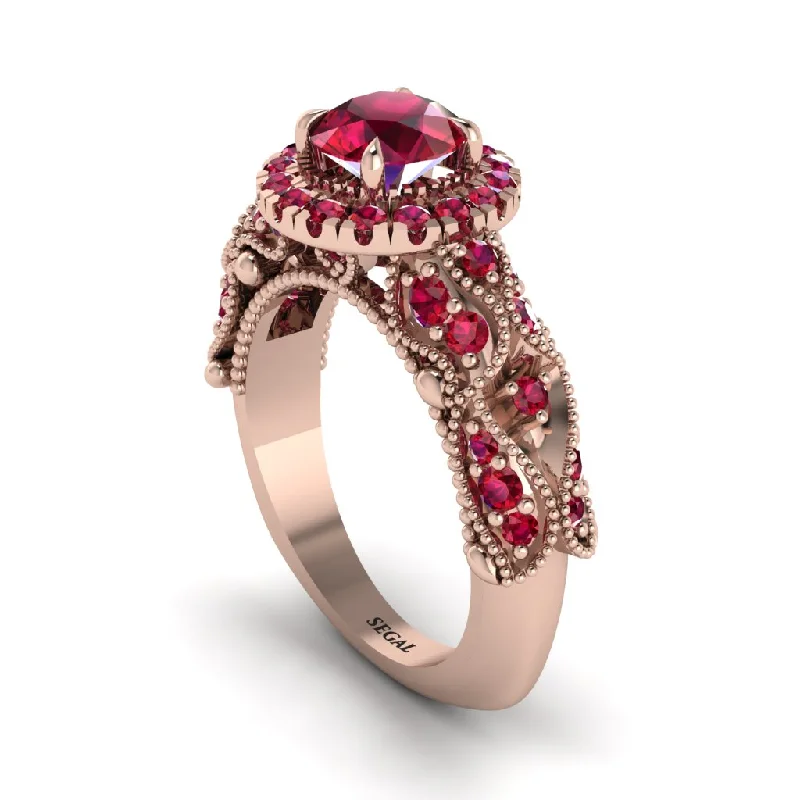 Chunky Gemstone Ring for Statement-Exclusive Halo Ruby Milgrain Engagement Ring - Kendra No. 56