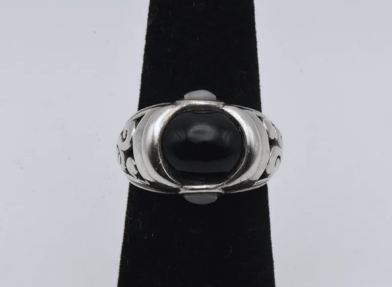 Designer Engagement Ring with Diamonds-Vintage Black Onyx and Mother of Pearl Sterling Silver Ring - Size 5