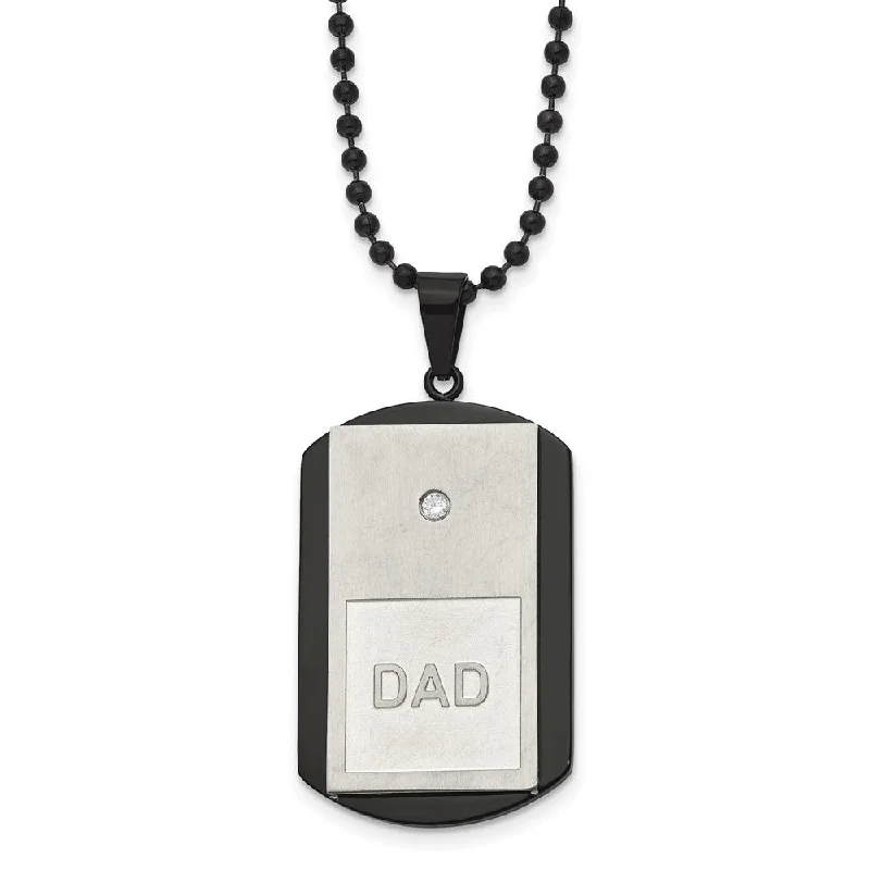 Silver Necklace with Large Pendant-Men's Stainless Steel, Black Plated & CZ DAD Dog Tag Necklace, 22 Inch