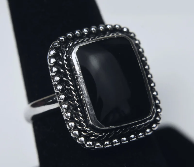 Birthstone Engagement Ring for Women-Black Onyx Sterling Silver Ring - Size 7.75