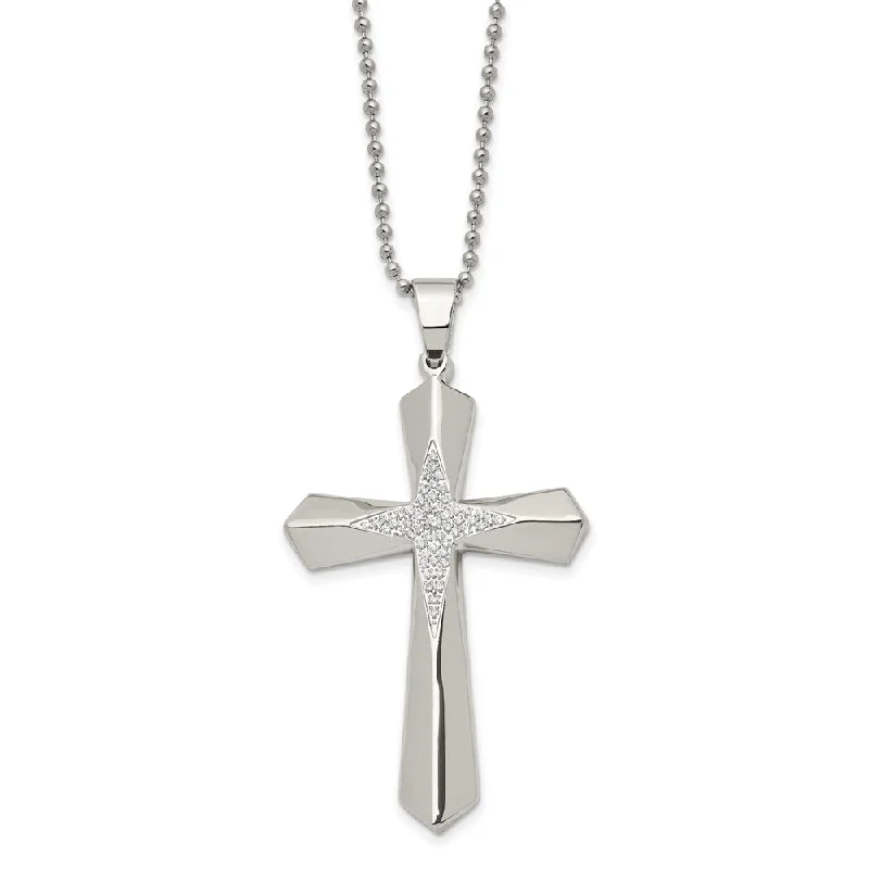 Gemstone Necklace for Summer Events-Stainless Steel & CZ Large Passion Cross Necklace, 24.5 Inch