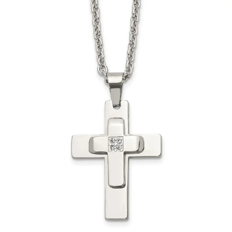 Silver Beaded Necklace for Fashion-Men's Stainless Steel & CZ Polished Cross Necklace, 22 Inch