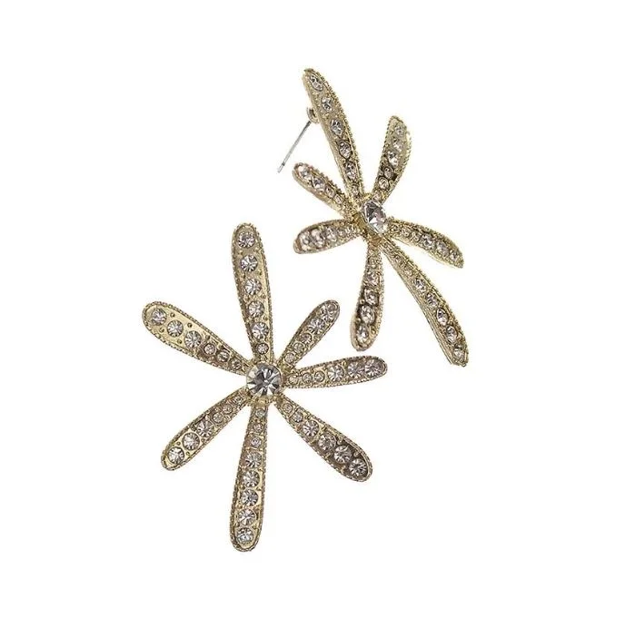 Unique Earrings for Every Day-Hot Tomato Firework Burst Studs in Worn Gold with Clear Crystals Earrings