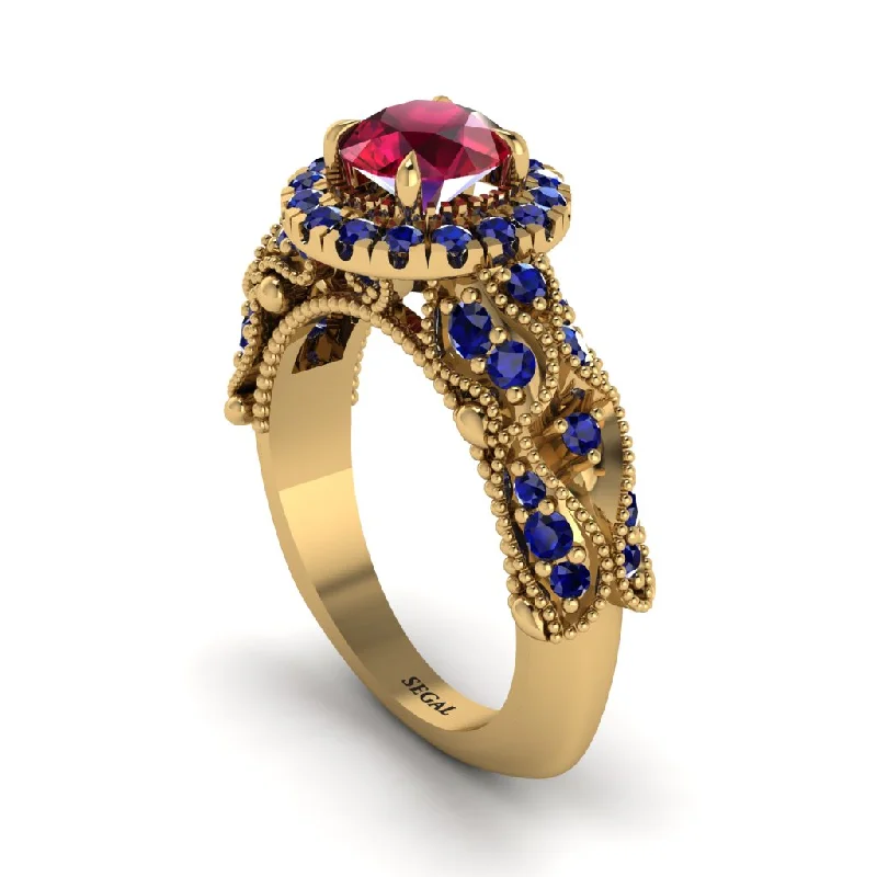 Personalized Gemstone Ring for Gifts-Exclusive Halo Ruby Milgrain Engagement Ring - Kendra No. 70