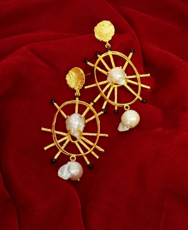 Stunning Earrings for Evening Events-Tribal Match stick Golden Baroque Pearl Earrings