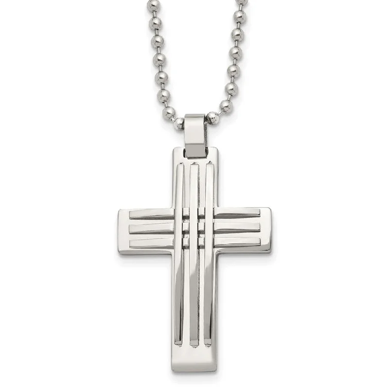 Necklace with Engraved Charm for Personal Touch-Men's Stainless Steel Polished Bar Cross Necklace, 22 Inch