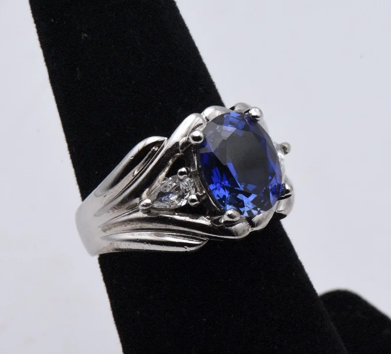 Custom Engraved Ring for Couples-Sterling Silver Synthetic Blue Sapphire and Diamonique Cubic Zirconia Ring - Size 6