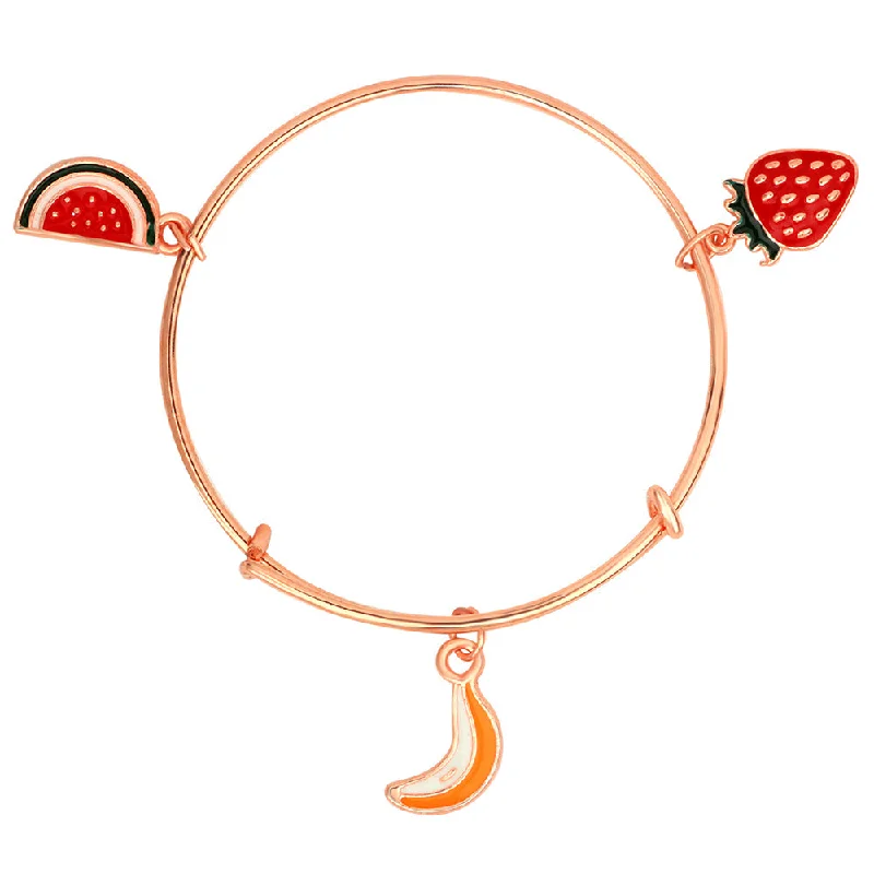 Simple Silver Bangles for Minimalist Style-Mahi Banana, Watermelon & Strawberry Rose Gold Plated Enamel Work Charms Bracelet for Kids (BRK1100845Z)