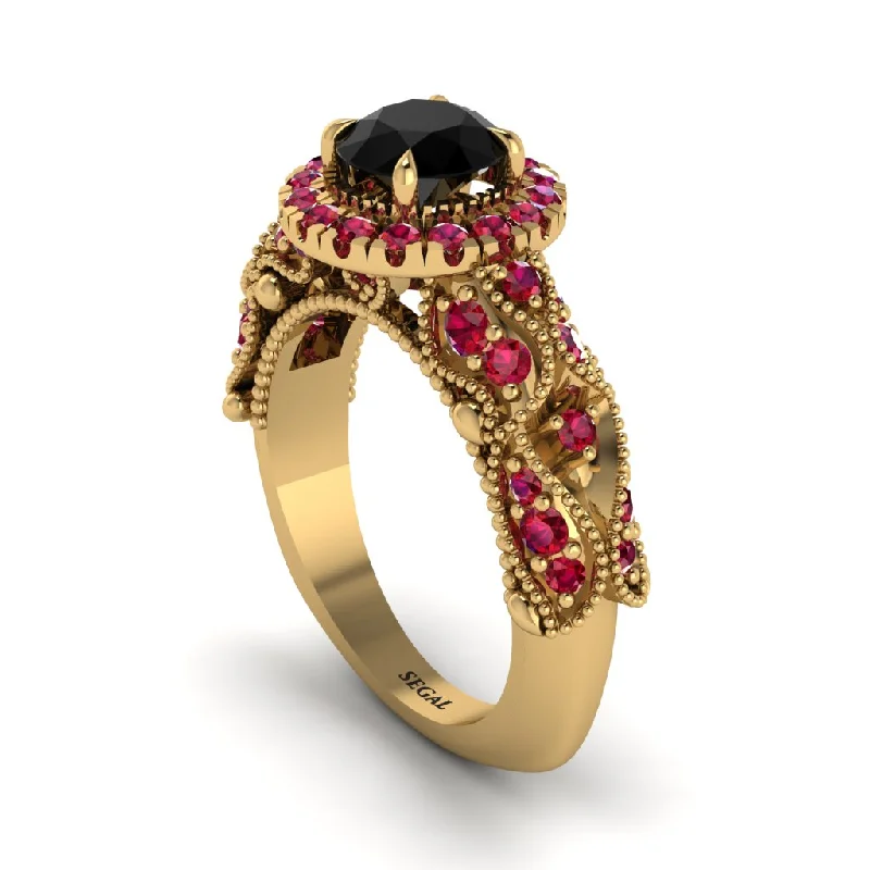 Beautiful Ruby Ring for Statement Look-Exclusive Halo Black Diamond Milgrain Engagement Ring - Kendra No. 52