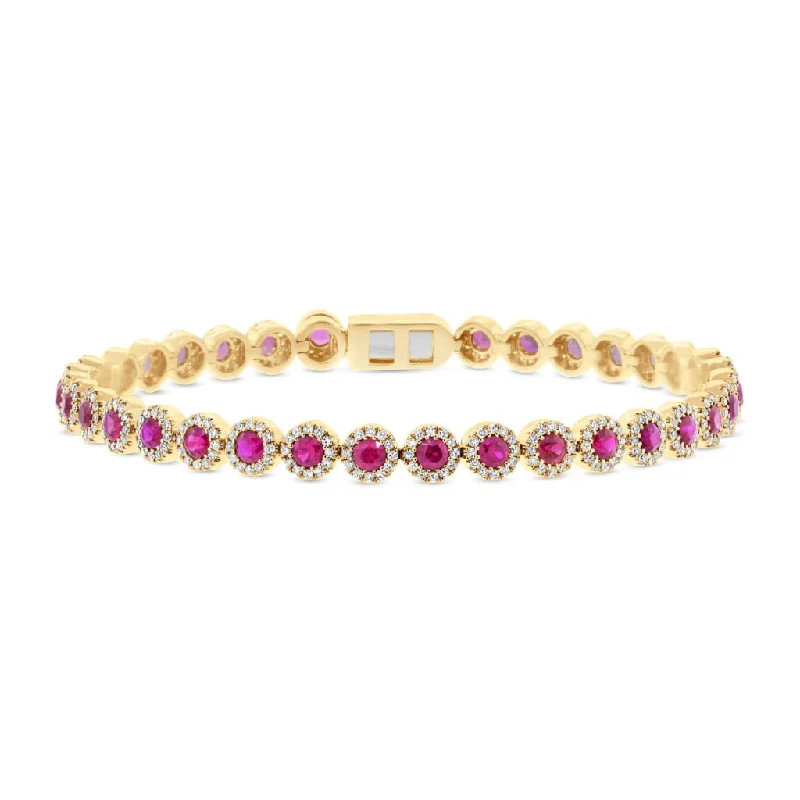 Trendy Leather Bracelet for Men-14K Yellow Gold Ruby and Diamond Tennis Bracelet