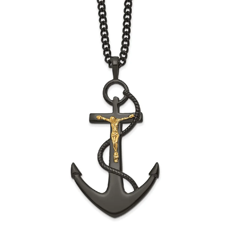 Elegant Chain Necklace for Casual Style-Stainless Steel Black & Gold Tone Plated Crucifix Anchor Necklace 24in